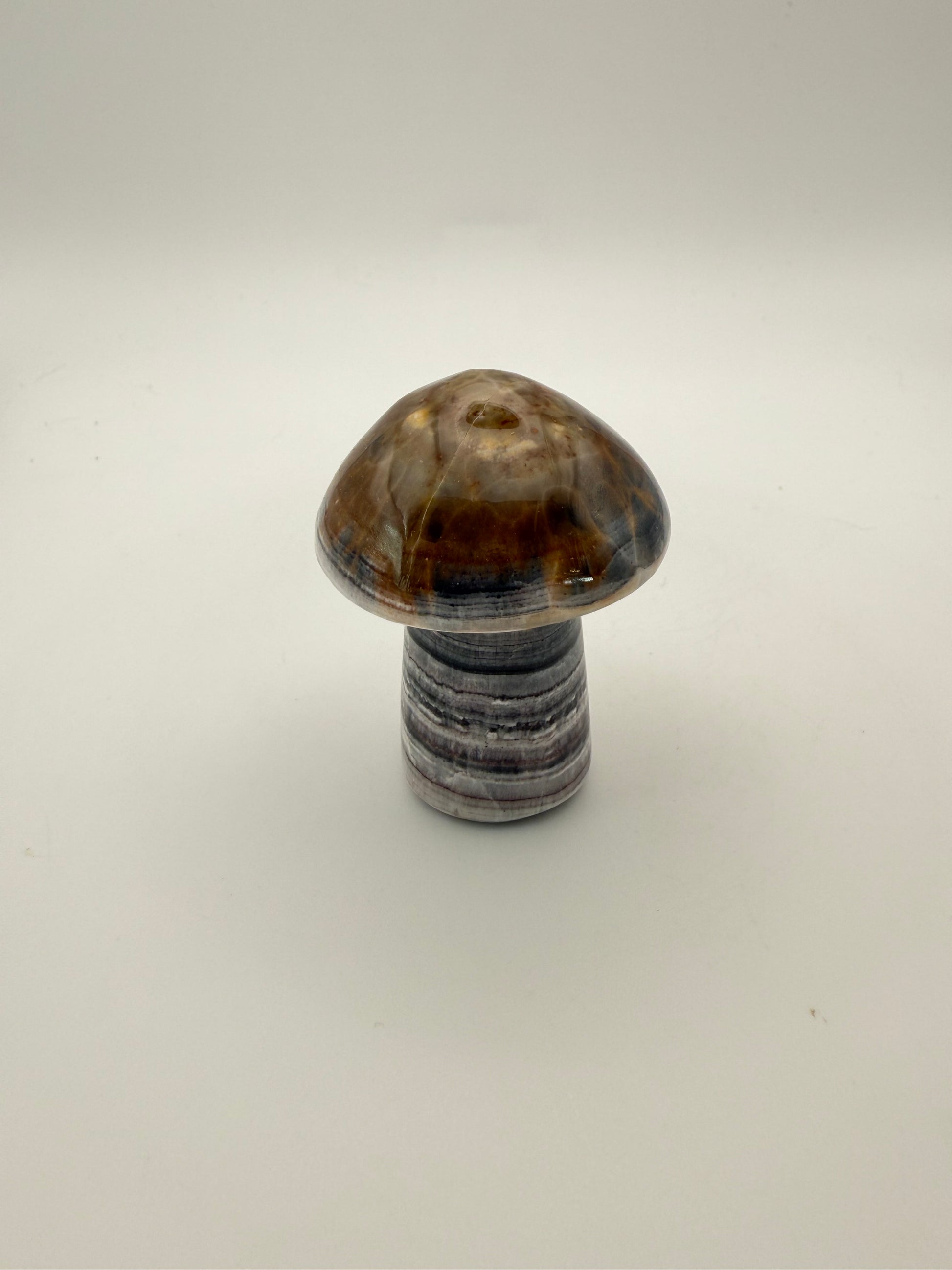 Polished chocolate calcite crystal shaped into a mushroom.