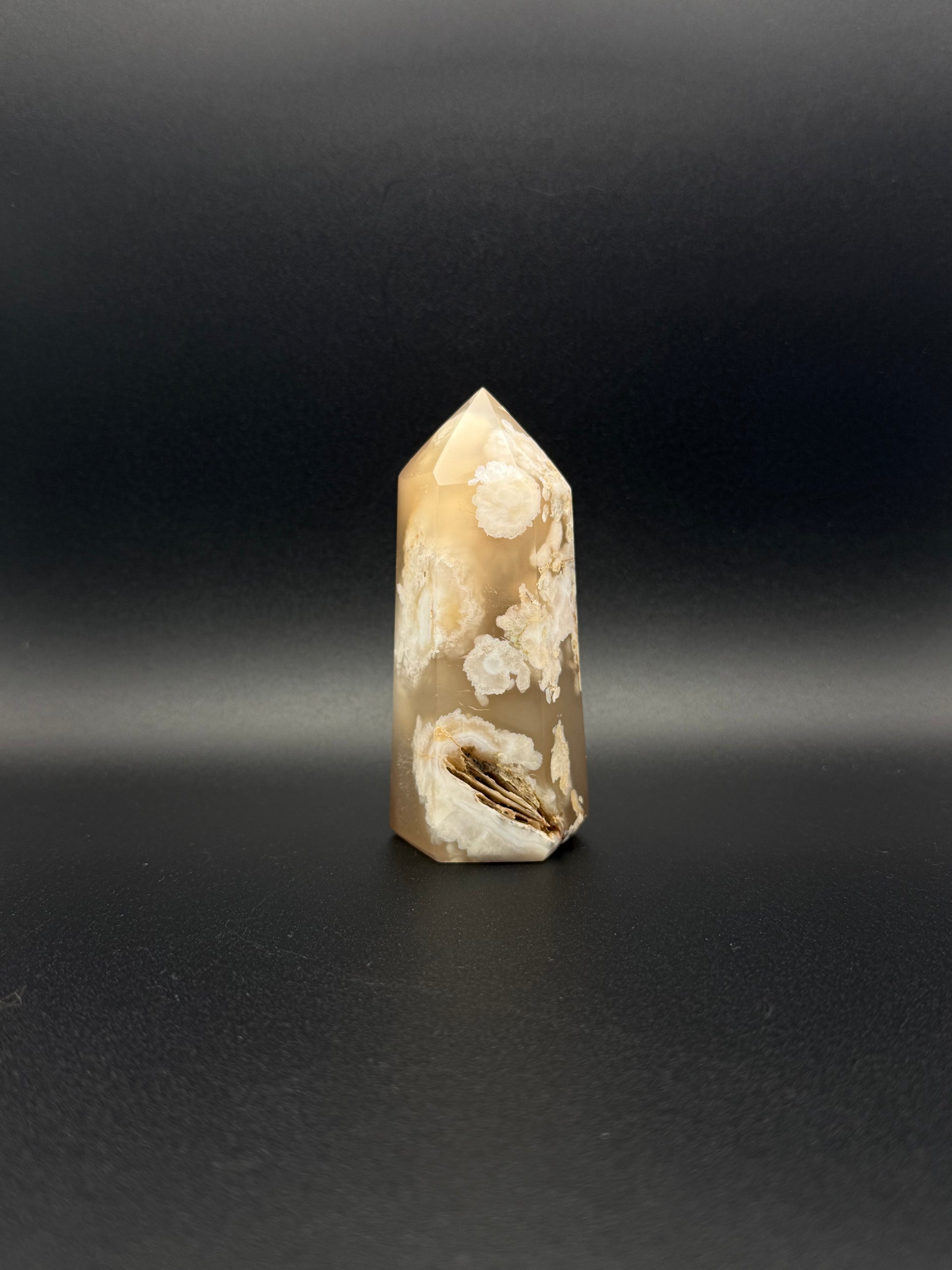 Flower agate polished crystal tower.
