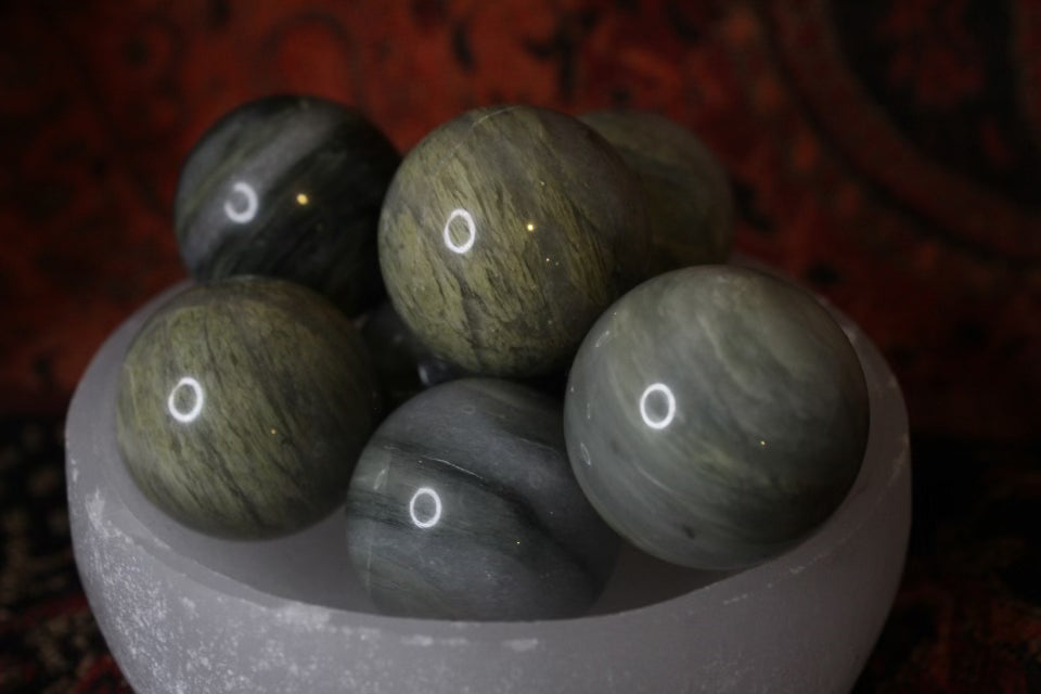 Green hair jasper spheres